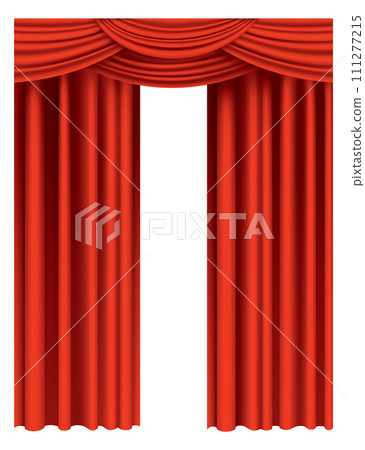 Red curtains realistic. Theater fabric silk decoration for movie cinema or opera hall. Curtains and draperies interior decoration object. Isolated on transparent for theater stage 111277215