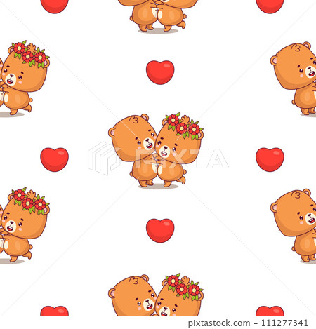 Seamless pattern with loving couple bear on white background with hearts. Funny kawaii animal girl in flower wreath and boy character. Vector illustration. romantic valentine backdrop 111277341