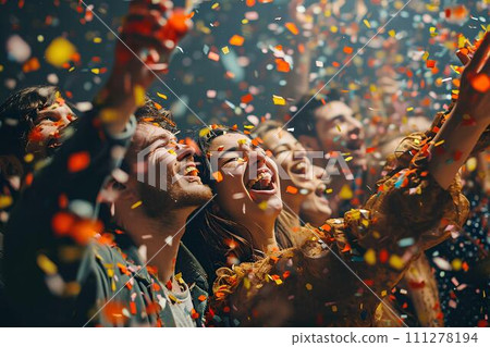 Young people dancing at a music festival and having fun or celebration with confetti Young people dancing at a music festival and having fun or celebration with confetti 111278194