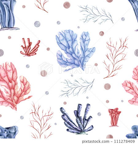 Seamless pattern with undersea polyps, plants and water bubbles. Blue, pink corals. Coral reef fauna. Watercolor illustration for textile, fabric, wrapping, poster 111278409
