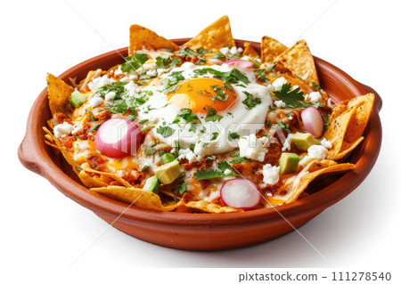 Traditional mexican chilaquiles isolated on white background. Mexican breakfast Traditional mexican chilaquiles isolated on white background. Mexican breakfast 111278540