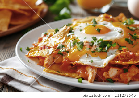 Traditional mexican chilaquiles. Mexican breakfast 111278549