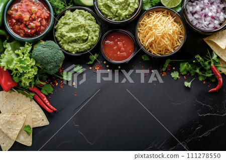 traditional mexican sauce food,guacamole,tomato sauce and cheese sauce on black stone. Top view. Copy space traditional mexican sauce food,guacamole,tomato sauce and cheese sauce on black stone. Top view. Copy space 111278550