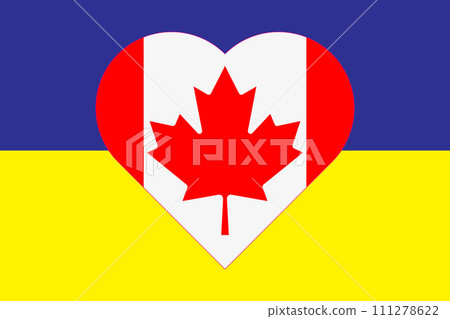 Heart painted in the colors of the flag of Canada on the flag of Ukraine. Illustration of a heart with the national symbol of Canada on a blue-yellow background Heart painted in the colors of the flag of Canada on the flag of Ukraine. Illustration of a heart with the national symbol of Canada on a blue-yellow background 111278622