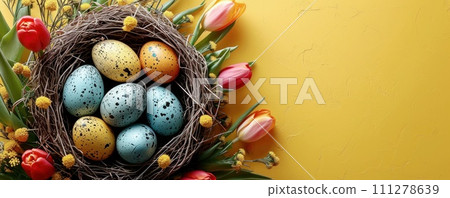 AI-generated content. Easter pastel colorful eggs in nest for festive holiday on yellow background. Greeting card with copy space. View from above. Banner. 111278639