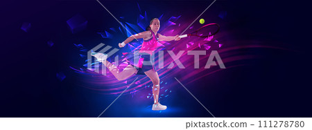 Poster. Athletic woman, tennis player hits ball with racket against dark blue polygonal background with pink neon and fluid elements. Poster. Athletic woman, tennis player hits ball with racket against dark blue polygonal background with pink neon and fluid elements. 111278780