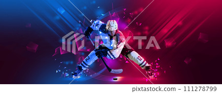 Poster. Focused hockey player train kicks and get puck in action against gradient background with neon elements. Poster. Focused hockey player train kicks and get puck in action against gradient background with neon elements. 111278799
