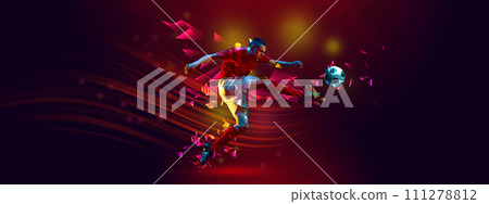 Flyer. Soccer player, man kicks ball in motion against dark red background with polygonal and fluid neon elements. Match. 111278812