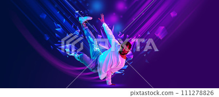 Banner. Breakdance dancer doing friezes and dance tricks against dark background with polygonal and fluid neon elements. Movement. 111278826