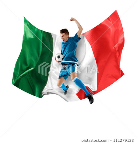 Champion, winning game. Emotional man, soccer playing in blue uniform jumping with ball against white background with flag of Italy. 111279128