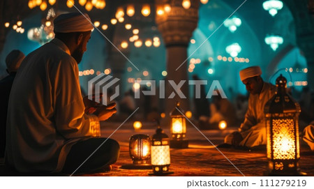 Religious muslim people praying in the mosque. Salah, worship and pray with islamic friends 111279219