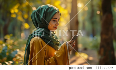 Beautiful middle eastern woman wearing abaya with smartphone. Islam religious concept. 111279226