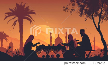 Arabian family eating iftar in Ramadan. Break fasting during Ramadan. 111279234