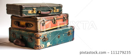 luggage on white background. Vintage travel suitcases isolated on white background with copy space. 111279235