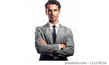 Portrait of man on white background. Man in elegant suit, looking at camera on white background. Portrait of man on white background. Man in elegant suit, looking at camera on white background. 111279238