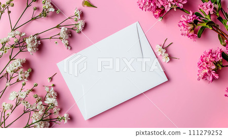 White blank greeting card on the pink background with flowers. White blank greeting card on the pink background with flowers. 111279252
