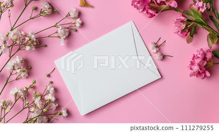 Flat lay composition with envelope and pink flowers on pink background. 111279255