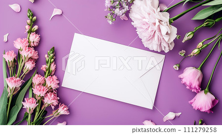 White blank greeting card on the purple background with flowers. White blank greeting card on the purple background with flowers. 111279258