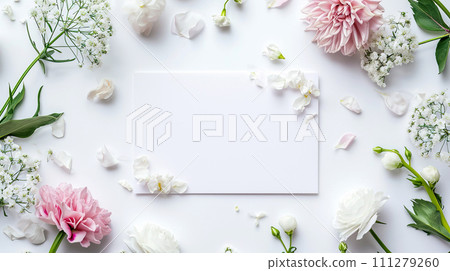 Wedding invitation template on the background of white rose and gypsophila flowers Wedding invitation template on the background of white rose and gypsophila flowers 111279260