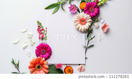 Floral pattern on a white background with a white blank card. Layout, top view. Floral pattern on a white background with a white blank card. Layout, top view. 111279263