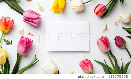 Mockup of invitation or greeting card in tulips with place for text. Mockup of invitation or greeting card in tulips with place for text. 111279268