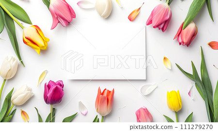 Frame of tulip flowers and white blank card with space for text. Banner for March 8, birthday.  111279270
