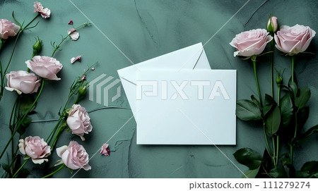 Envelopes and flowers on green background. Flat lay, top view Envelopes and flowers on green background. Flat lay, top view 111279274