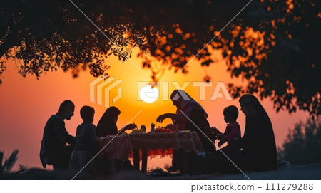 Arabian family eating iftar in Ramadan. Break fasting during Ramadan. 111279288