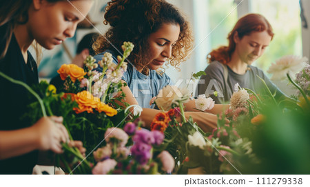 Three women create bouquets at a floristic workshop. 111279338