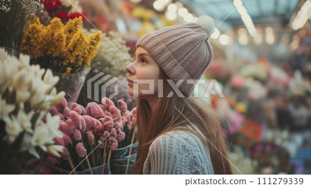 Portrait of cute admiring girl in flower shop. Portrait of cute admiring girl in flower shop. 111279339