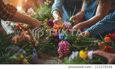Floral background, with female hands on blurred background of various flowers.  111279348
