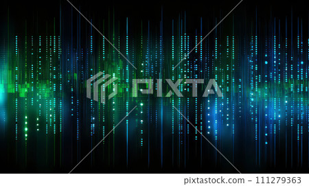 Abstract binary code on a black background with blue and green lights. 111279363