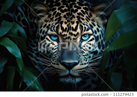 AI-generated content. mystic jaguar portrait with blue eyes 111279423