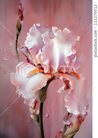 beautiful art with white peach fuzz-pink  iris flower against pink abstract  background. close up. paint watercolor style. Ai genarated 111279512
