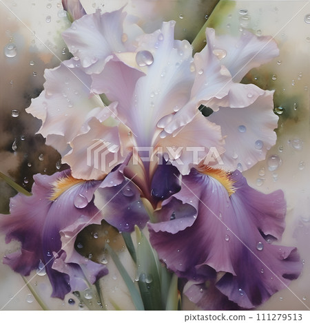 art with incredible iris flower soft lavender color with water drops against abstract background. close up. paint watercolor style. Ai generated 111279513