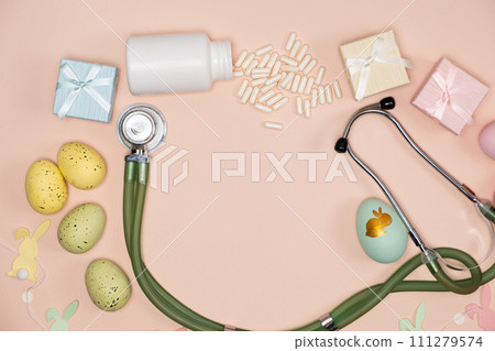 Medical Easter mockup on a beige background, blank with space for text, top view. Medical Easter mockup on a beige background, blank with space for text, top view. 111279574