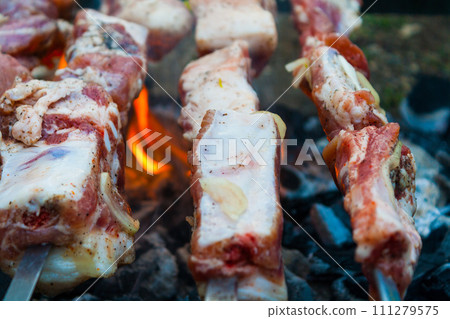 preparation of a shish kebab from pork meat on coals preparation of a shish kebab from pork meat on coals 111279575
