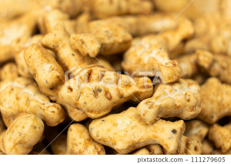 A treat for cats and kittens is a fish-shaped catnip cookie close-up. 111279605