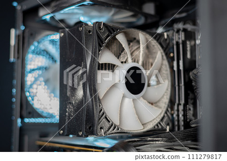Close-up of a PC cooling system, a dirty radiator from a computer 111279817