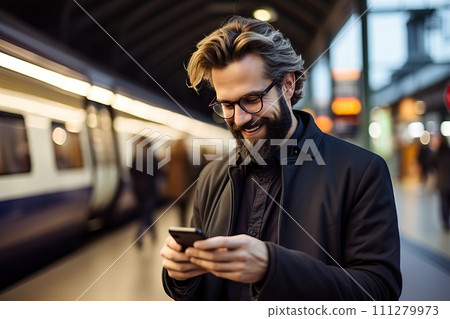 Connected Commute Smiling Bearded Man Engrossed with Smartphone at a Vibrant Train Station. created with Generative AI 111279973