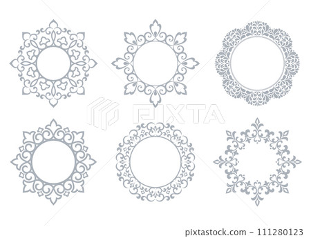 Set of decorative frames Elegant vector element for design in Eastern style, place for text. Floral gray and white borders. Lace illustration for invitations and greeting cards 111280123