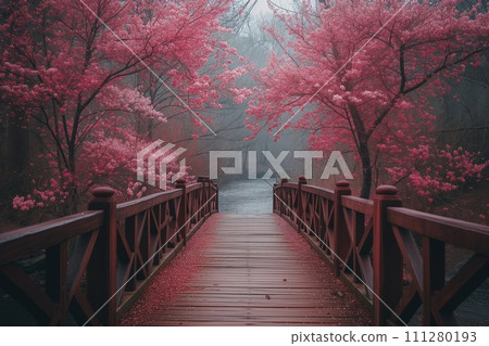 Wooden bridge leading to extravagantly blooming pink cherry - sakura trees in a Japanese park, picturesque spring scene. 111280193