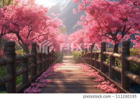 Wooden bridge leading to extravagantly blooming pink cherry - sakura trees in a Japanese park, picturesque spring scene. 111280195