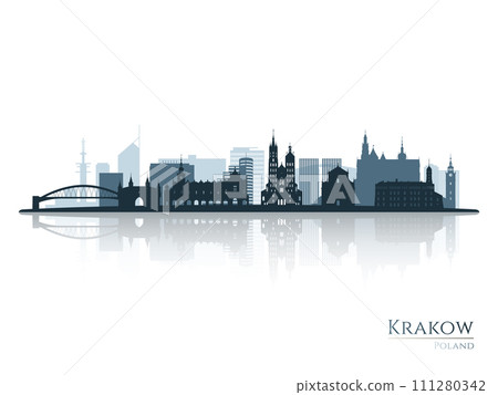 Krakow skyline silhouette with reflection. Krakow skyline silhouette with reflection. 111280342