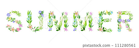 Summer Flower Word and Inscription with Blooming Meadow Flora Uppercase Letter Vector Set 111280561