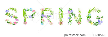 Spring Flower Word and Inscription with Blooming Meadow Flora Uppercase Letter Vector Set 111280563