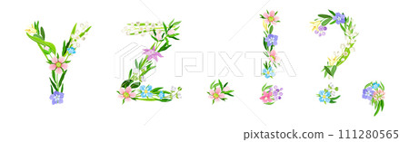 Flower Alphabet with Blooming Meadow Flora Uppercase Letter Vector Set 111280565