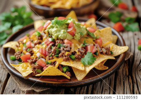 Mexican nachos with beef, guacamole, cheese sauce, peppers, tomato and onion in plate on wooden table 111280593