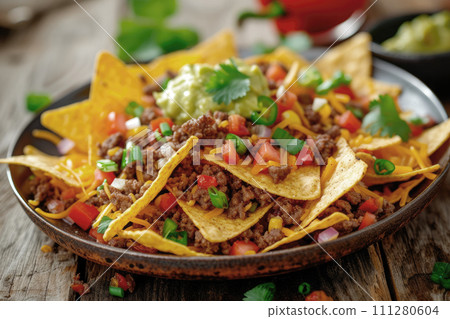 Mexican nachos with beef, guacamole, cheese sauce, peppers, tomato and onion in plate on wooden table 111280604