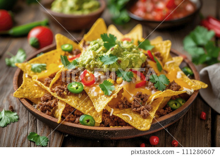 Mexican nachos with beef, guacamole, cheese sauce, peppers, tomato and onion in plate on wooden table 111280607